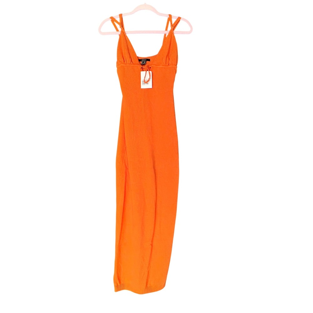 Forever 21 Orange Ribbed Knit Tie Front Maxi Dress Sunset XS NWT‎